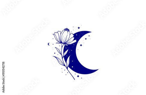 Mystical Wildflower and Crescent Moon Silhouette, Celestial Nature Boho Vector Sticker, Dreamy Botanical Graphic
