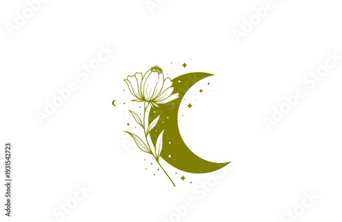 Mystical Wildflower and Crescent Moon Silhouette, Celestial Nature Boho Vector Sticker, Dreamy Botanical Graphic