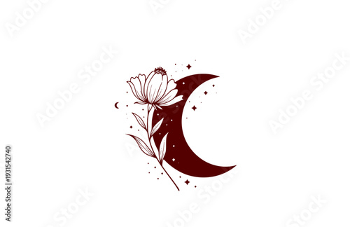 Mystical Wildflower and Crescent Moon Silhouette, Celestial Nature Boho Vector Sticker, Dreamy Botanical Graphic