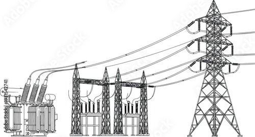 Detailed high voltage transmission tower and electrical substation with transformers, power grid infrastructure line art illustration isolated on white background