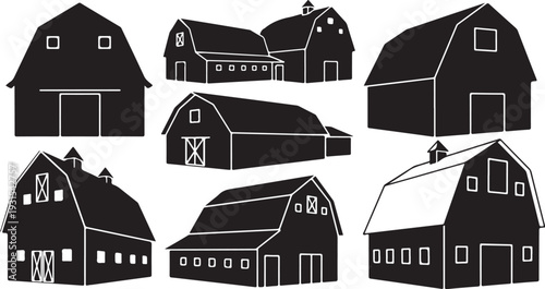 Collection of black and white barn house illustrations