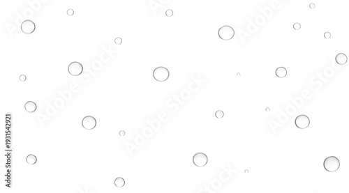 Water droplets scattered across a pure surface with clear bubbles isolated on white background