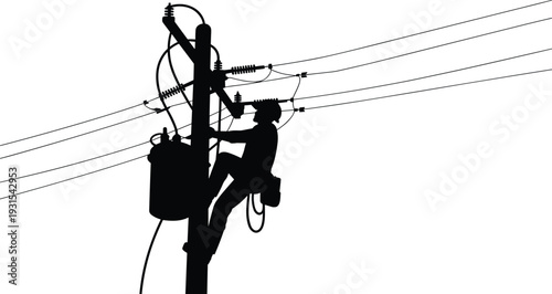 Electric utility worker climbing power pole transformer, silhouette of lineman performing high voltage maintenance on overhead power lines isolated on white background