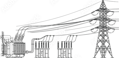 High voltage power transmission tower with transformer and substation equipment, detailed electrical grid line art illustration isolated on white background