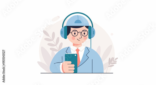 Man in suit with headphones and phone, abstract leaves background
