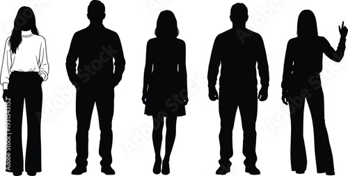 Black silhouette group of six diverse adults standing together, mixed gender casual poses, one woman pointing finger up, modern team vector illustration
