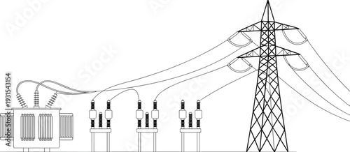High voltage transmission tower connected to electrical transformer and substation equipment, detailed power grid line art illustration isolated on white background