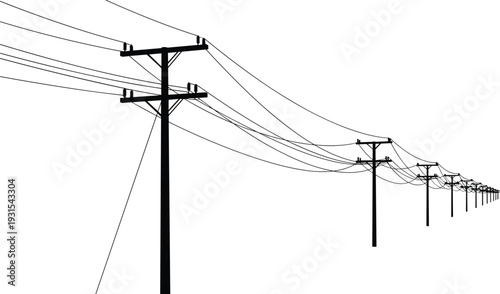 Silhouette of overhead power line poles in perspective, electricity transmission and distribution network isolated on white background for infrastructure design