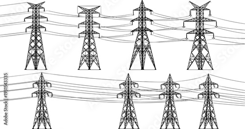 Set of high voltage transmission towers with overhead power lines, detailed electrical pylon line art collection isolated on white background