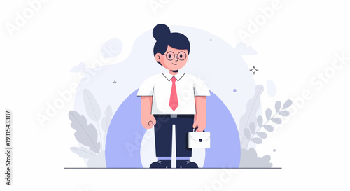 Stylized person in a white shirt, pink tie, dark pants, and holding a briefcase