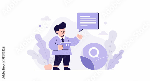 A man in a suit with a tablet and speech bubble, near plants and a large magnifying glass icon