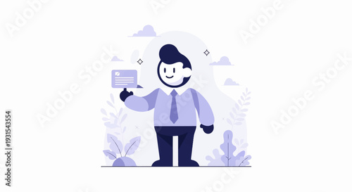 Character in formal attire holds a card with a smiley face, surrounded by plants and clouds