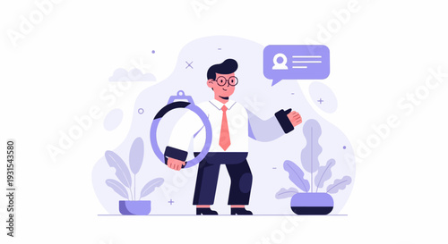 Flat design illustration of a person in a suit holding a magnifying glass and a phone, with plants