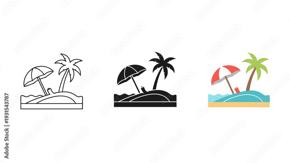 Obraz premium Three beach icons with palm trees and umbrellas Vector