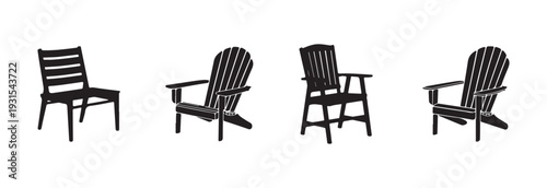 Four different types of outdoor wooden chairs black silhouettes set showcasing adirondack and slatted patio armchairs vector graphic