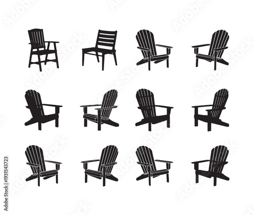Large variety of outdoor and patio chairs black silhouettes set including adirondack and standard dining styles vector illustration