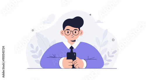 Animated man with glasses in purple shirt and tie holding a smartphone