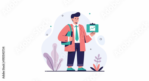 Stylized person in a suit holds a clipboard showing an upward trending graph