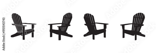 Set of four robust adirondack chairs black silhouettes vector illustration showcasing different angles and solid wood appearance