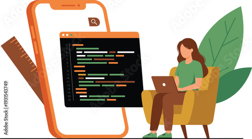 Vector illustration of woman coding on laptop with mobile device