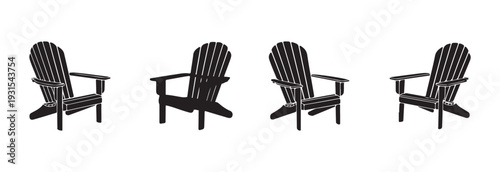 Adirondack chairs black silhouettes vector set defined by clear slats and comfortable appearance different perspective views included