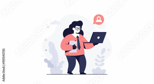 A person in formal wear with glasses holds a tablet and a laptop