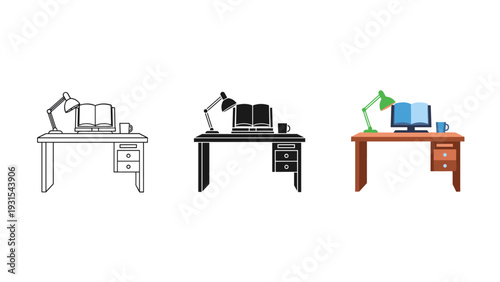 Three different desks with various office equipment Vector