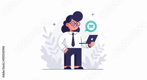 A cheerful person in business attire using a laptop and receiving an email notification