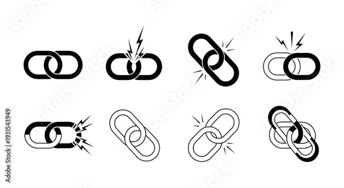 diverse link chain icon set symbolizing strong connections broken links and digital networking concepts for seo and web design projects
