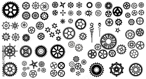 industrial gears and cogs collection arranged on white background illustrating complex mechanical mechanisms for engineering concepts