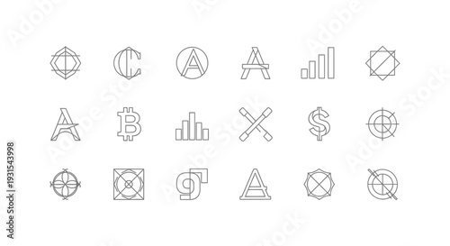 minimalist line art icon set featuring various business technology and abstract geometric shapes suitable for modern graphic design projects.