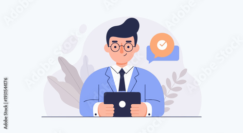 A smiling person in a suit holds a tablet, with a speech bubble showing a checkmark