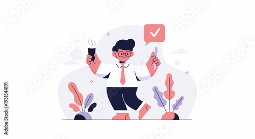 A person in a suit holding a hot beverage and a pen, with plants