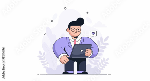 Cheerful man in a suit holding a laptop with a heart icon floating nearby