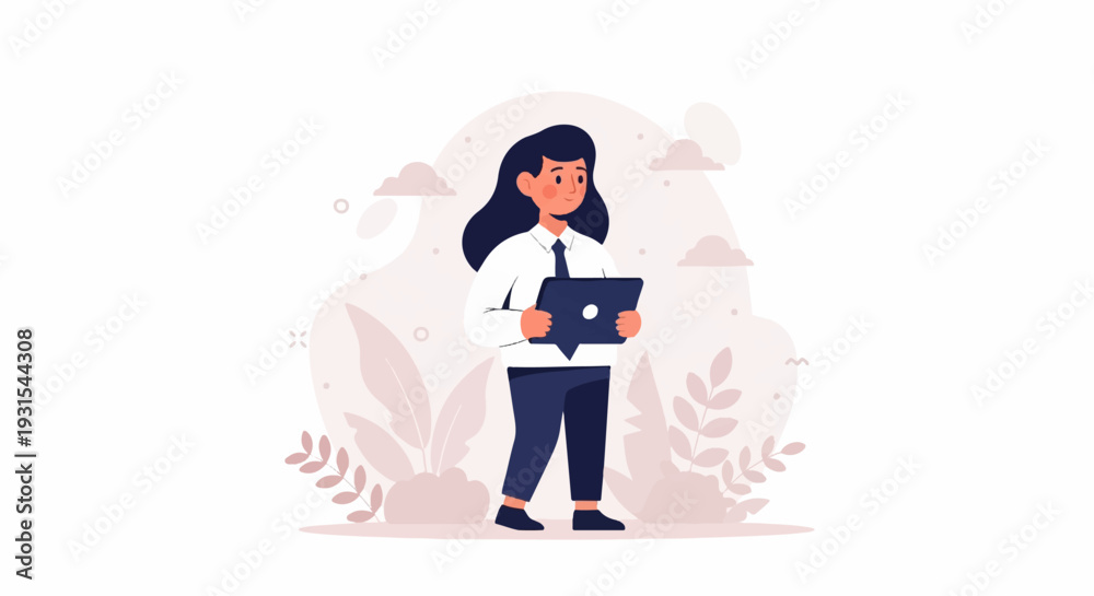 Fototapeta premium A woman in a white shirt, blue tie, and dark pants holds a tablet with a speech bubble design