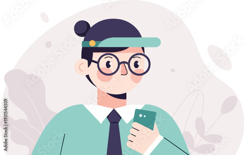 A stylized person with dark hair in a bun and glasses holds a phone