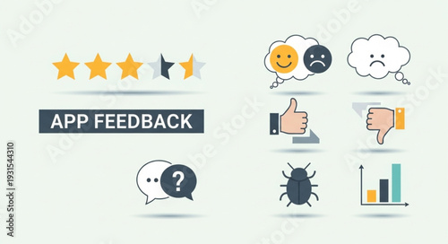 App feedback icons and rating stars with text.