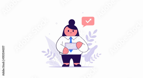 A cheerful person in professional attire holds a document, with a speech bubble indicating success