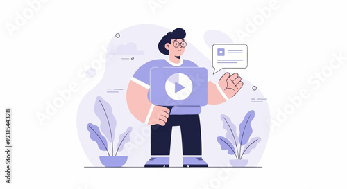 A person in glasses holds a tablet with a play button and a chat bubble