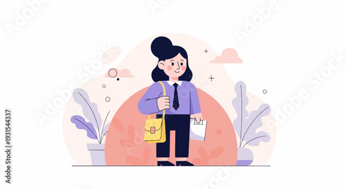 Stylized woman in purple shirt and tie holding papers and bag, with plants