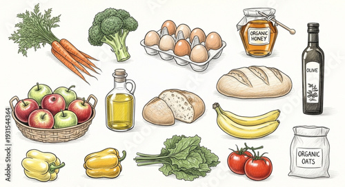 Assortment of fresh healthy food items arranged on a white background.