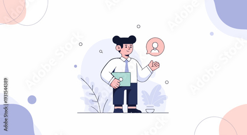 Cartoon figure holding a tablet and giving a thumbs up, with a speech bubble above