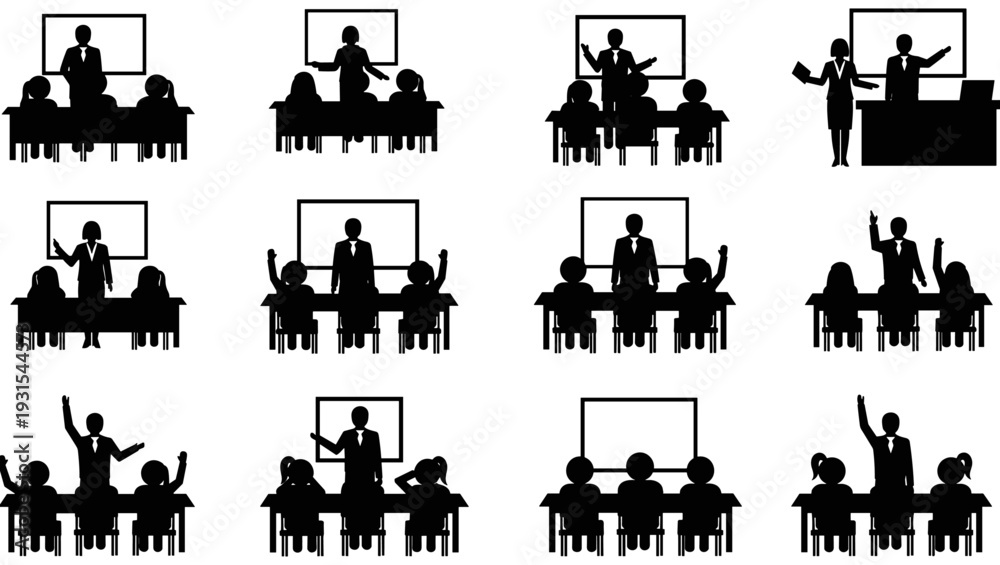 Fototapeta premium Set of black silhouette vector illustrations featuring a business presentation, corporate training seminar, or school classroom lecture with teachers and students on white background.