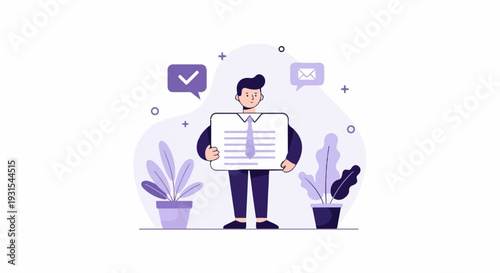 A smiling man in a suit holds a document with a tie, flanked by potted plants and communication icons