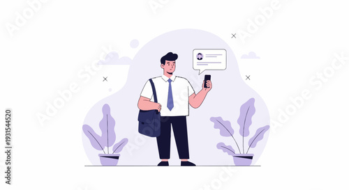 Man with briefcase checks phone with message bubble, surrounded by stylized plants and abstract shapes