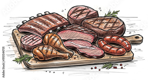 Assortment of Grilled Meats on a Wooden Cutting Board.