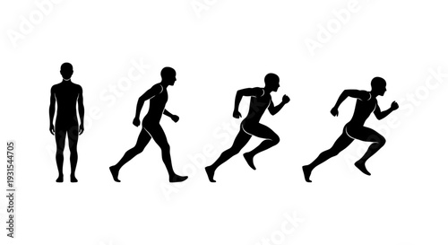 male athlete silhouettes depicting a progression of human movement from standing to sprint ideal for fitness and sports graphics and exercise.