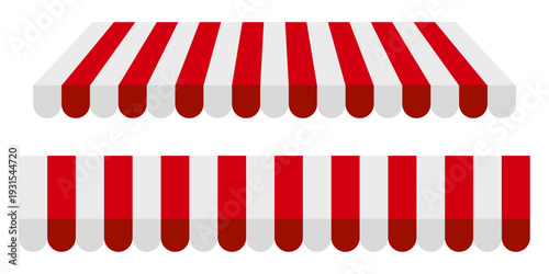 Red and white striped shop awning, store or market canopy isolated on transparent bg