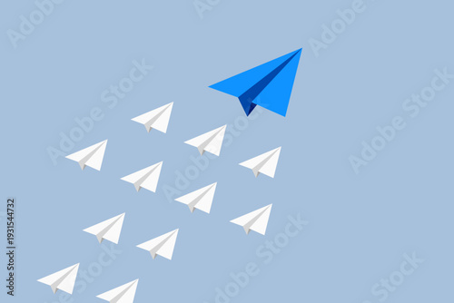 Paper planes flying in arrow up formation, success strategy, thought or industry leader, business growth concept