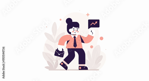 A cartoon individual strides forward, carrying a briefcase, with a growth chart displayed